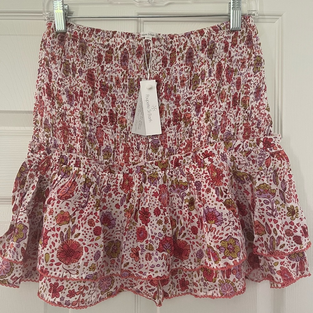 Poupette St. Barth Pink Floral Smocked Ruffle Mini Skirt